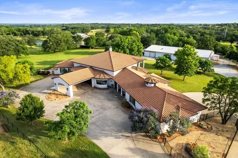 an aerial view of a house with outdoor space
