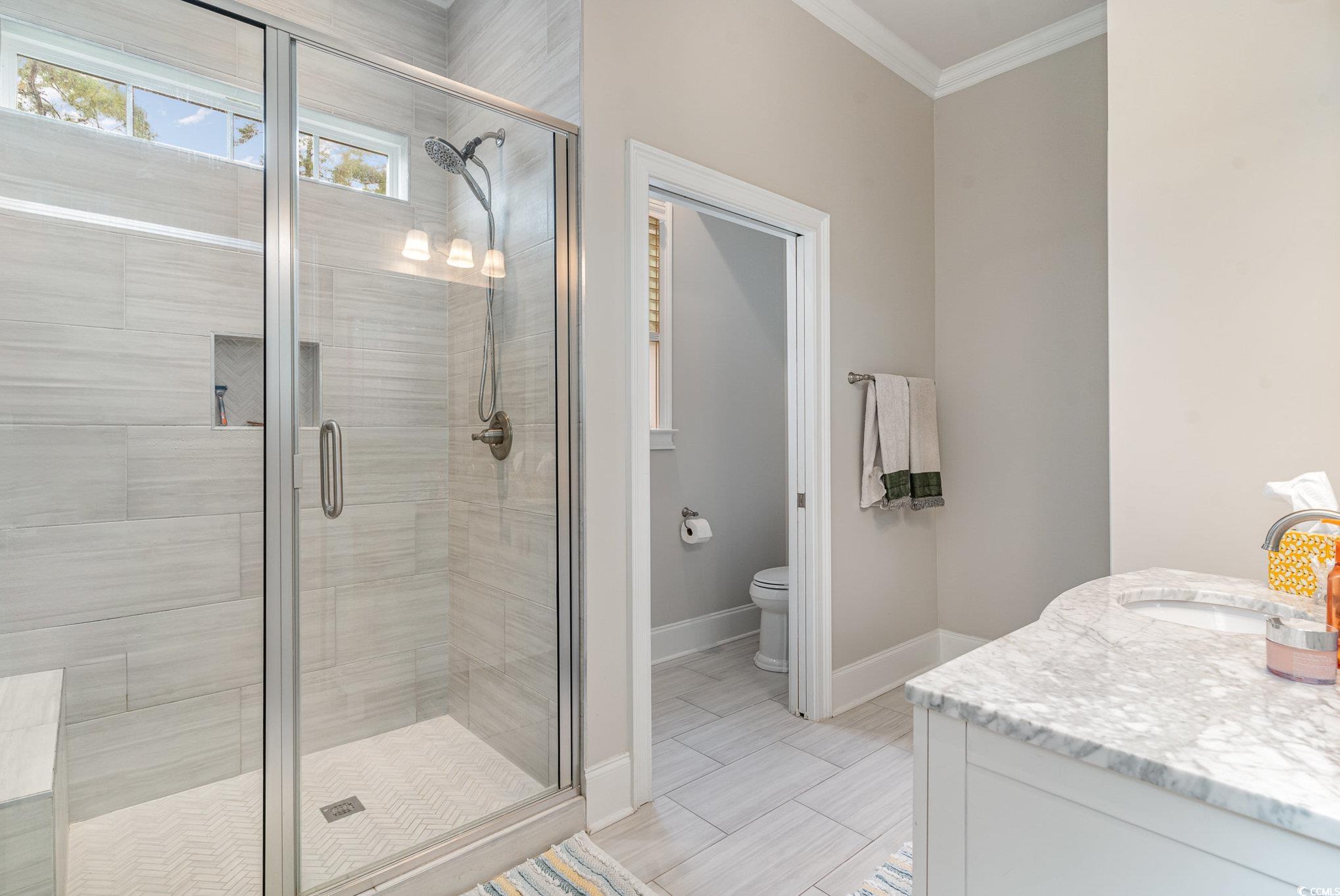 528 Starlit Way Myrtle Beach, SC 29579 - Photo 19 of 40 Bathroom featuring vanity, toilet, crown molding,