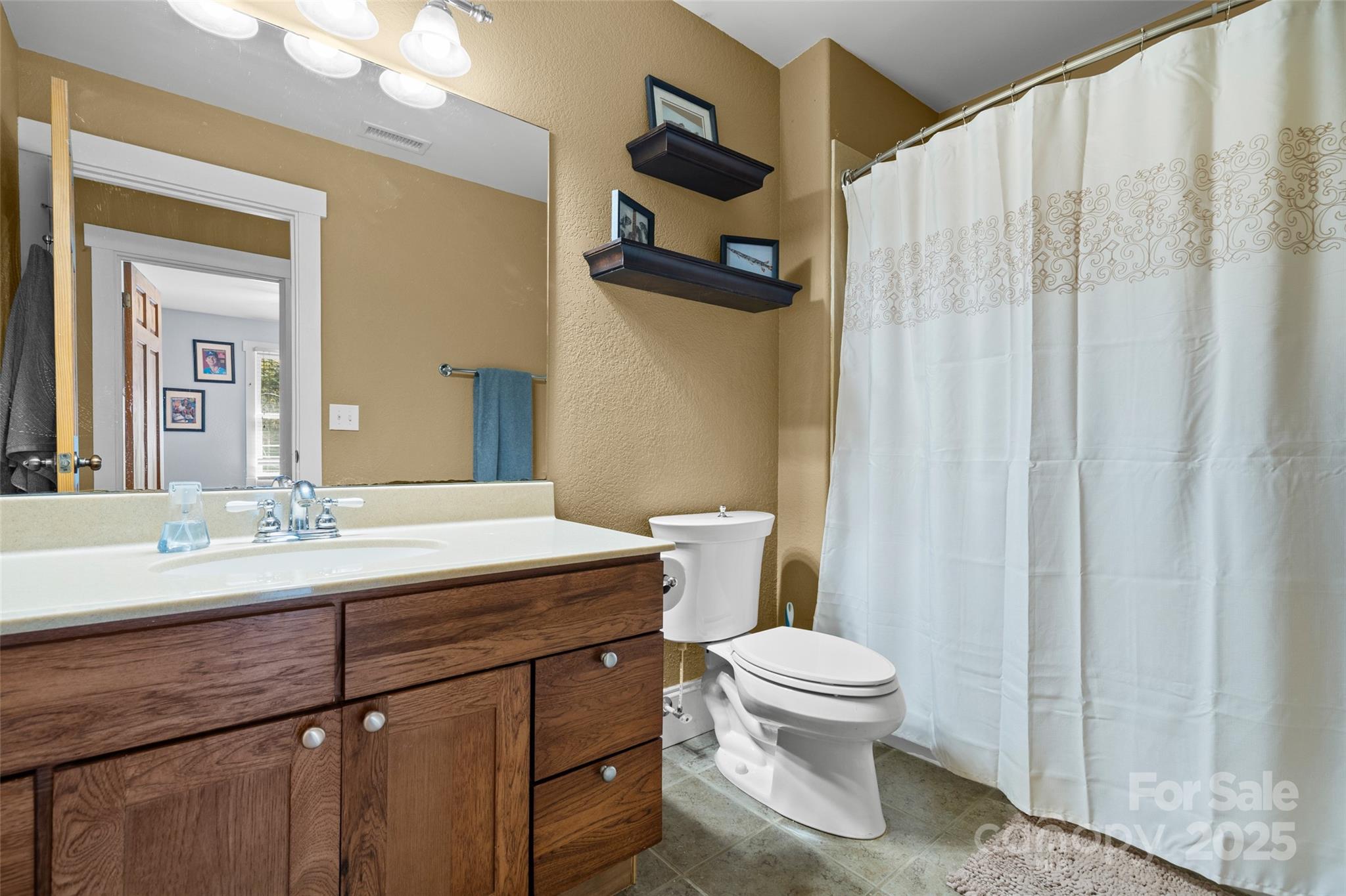 571 Terrys Gap Road Fletcher, NC 28732 - Photo 33 of 44 a bathroom with a sink a toilet a mirror and shower curtain