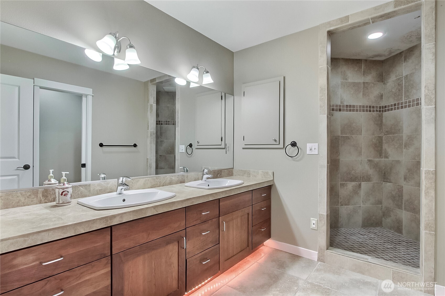 1207 Adams Street Steilacoom, WA 98388 - Photo 19 of 25 a bathroom with a double vanity sink mirror and shower