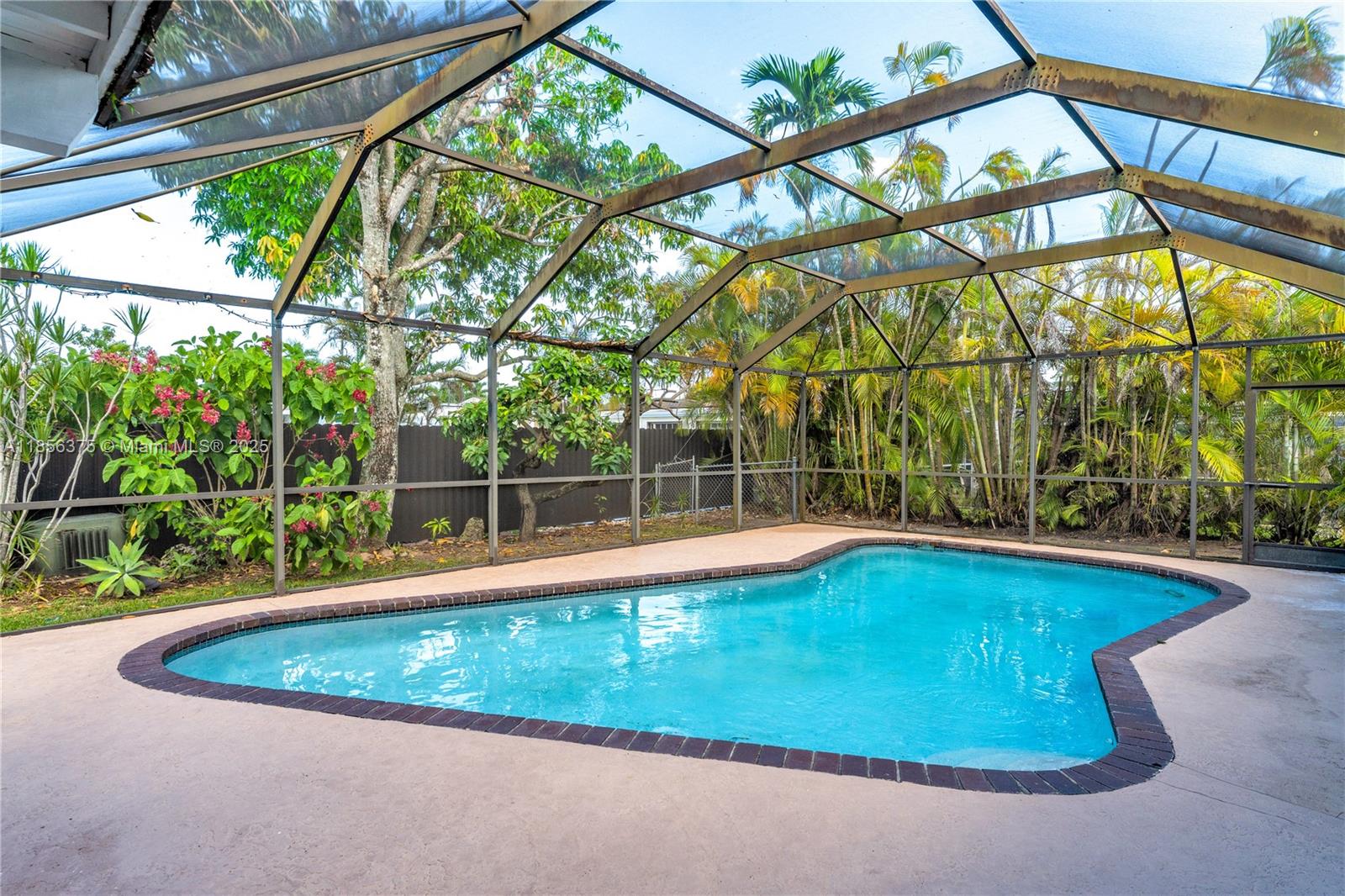 a view of a swimming pool with a yard and plants