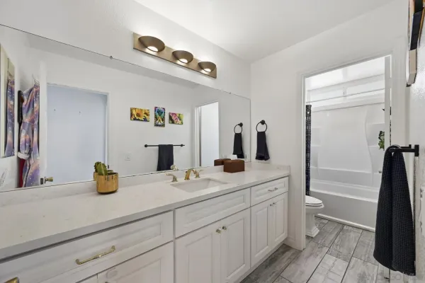 a bathroom with a sink a toilet and a large mirror