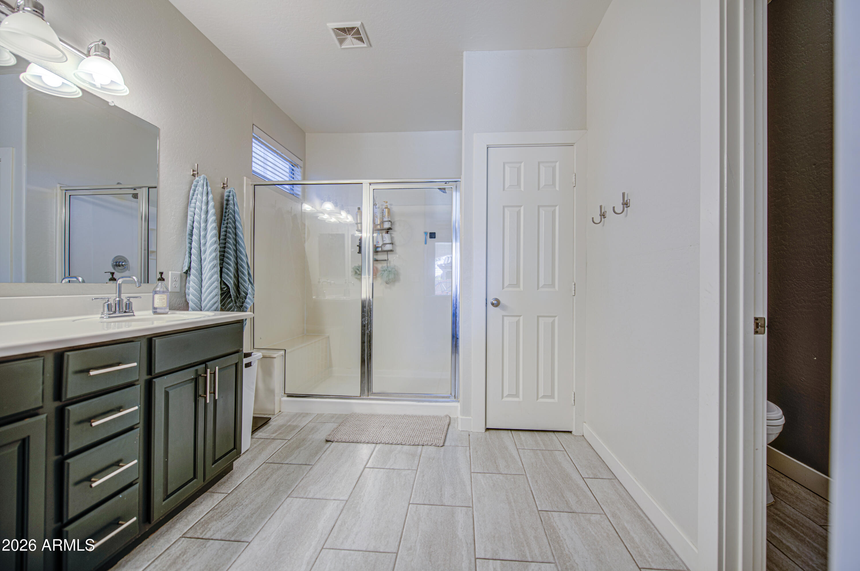 21303 East Alyssa Road Queen Creek, AZ 85142 - Photo 19 of 29 a bathroom with a double vanity sink a shower and a mirror