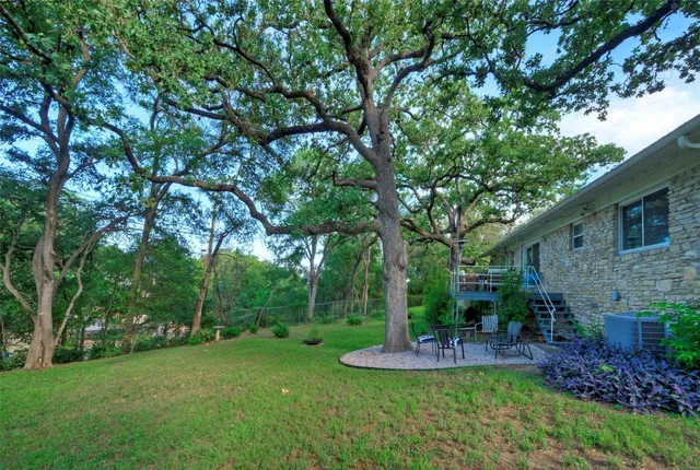 a view of a couches in a backyard with large trees