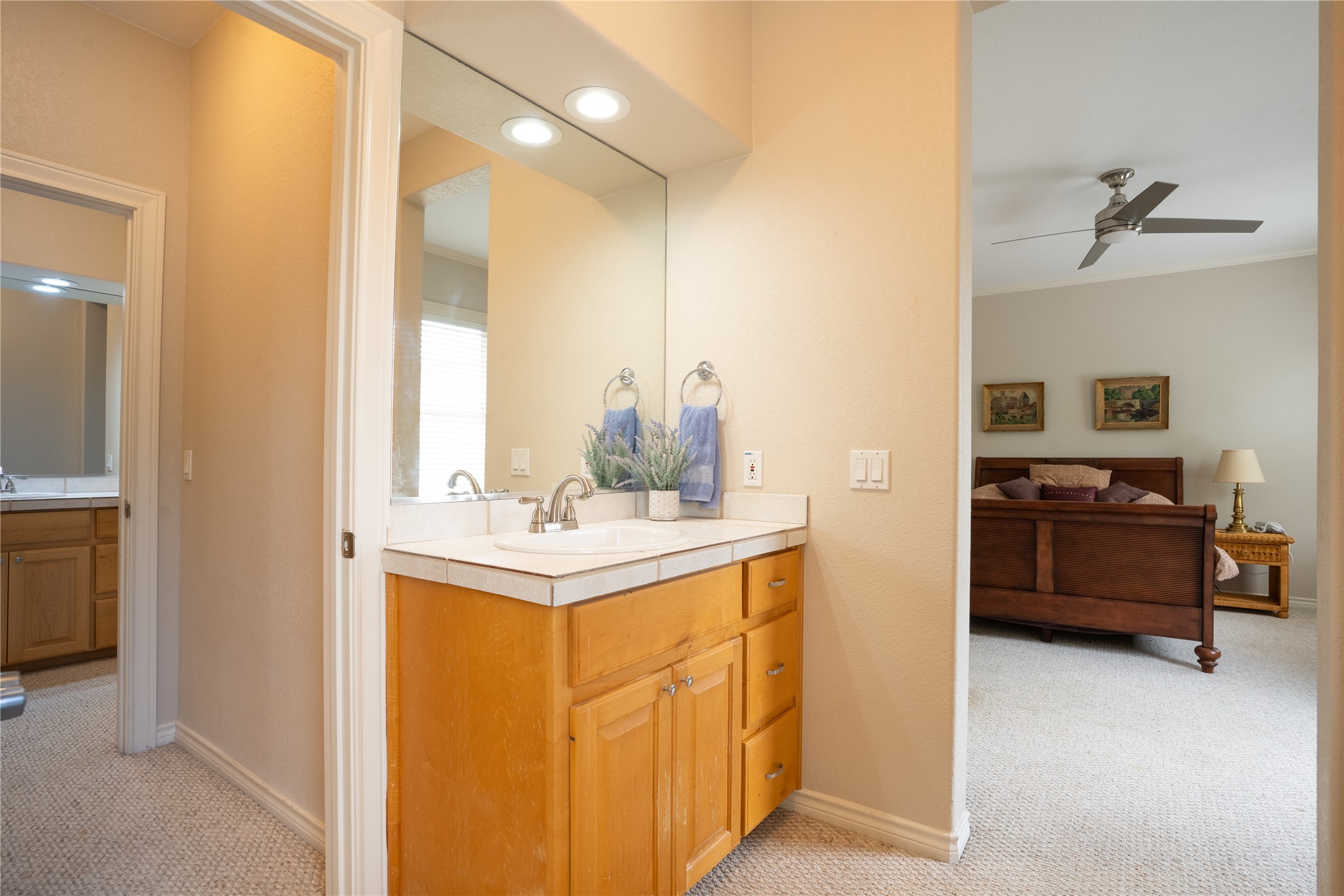 13800 Lone Rider Trail Austin, TX 78738 - Photo 19 of 32 Functional vanity with ample counter space, adjacent to a cozy, well-lit bedroom.