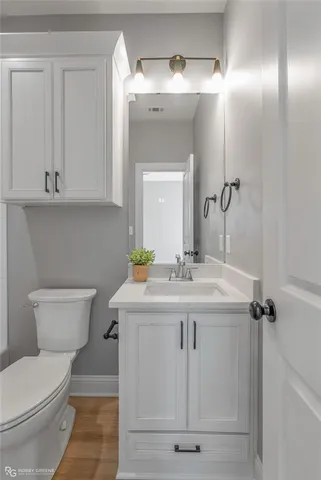 a bathroom with a sink a toilet and mirror