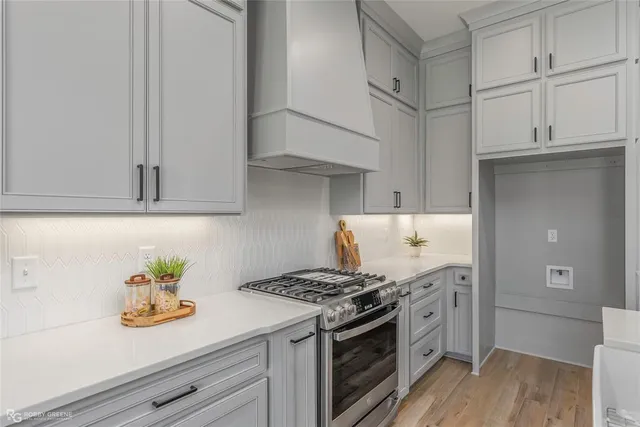 a kitchen with stainless steel appliances white cabinets and a stove