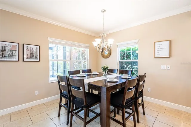 a view of a dining room with furniture window and chandelier