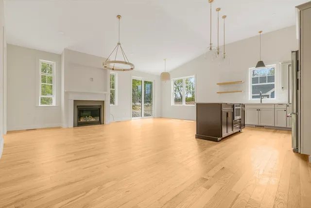 a dining room with furniture a fireplace and wooden floor