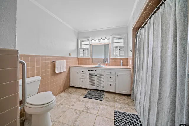 a bathroom with a granite countertop sink a toilet and a mirror