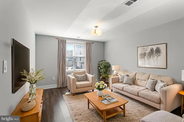 a living room with furniture potted plant and window