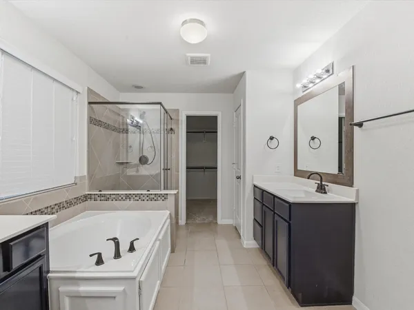 a bathroom with a tub sink and mirror