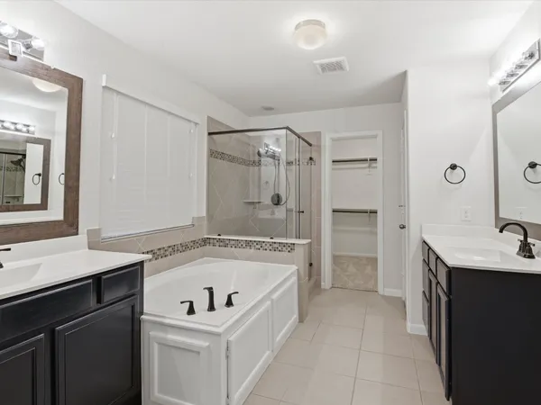 a bathroom with a sink a shower a mirror and a bathtub