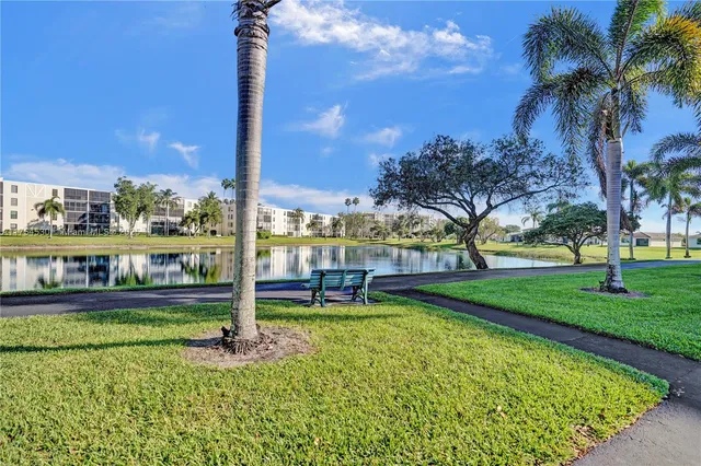 a view of a swimming pool with a yard and palm trees