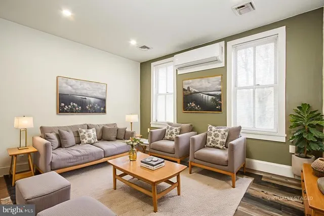 a living room with furniture and a potted plant next to a window
