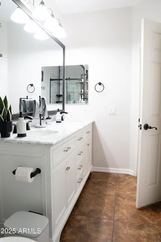 a bathroom with a sink a toilet and mirror