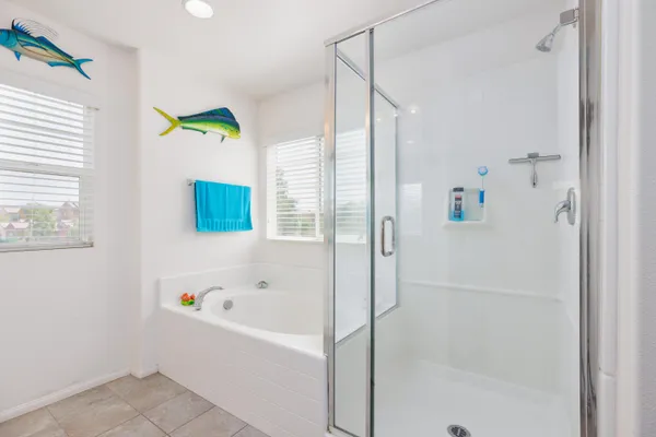 a bathroom with a bathtub and a shower