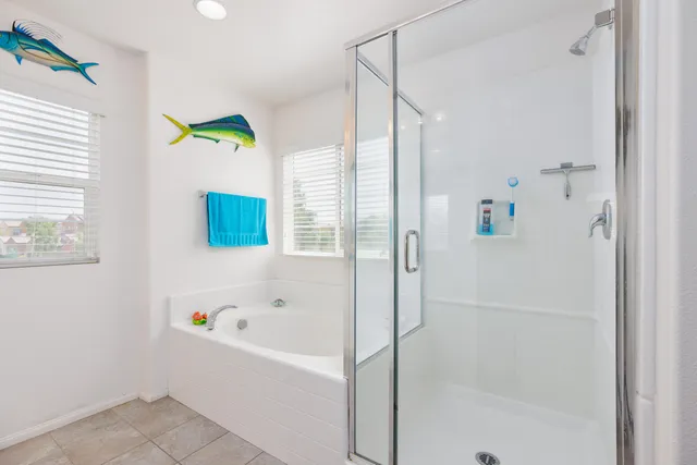 a bathroom with a bathtub and a shower