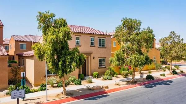 a row of palm trees in front of a house