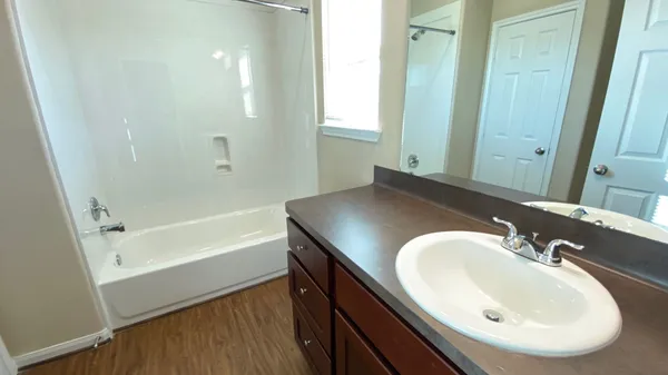 a bathroom with a sink and a mirror