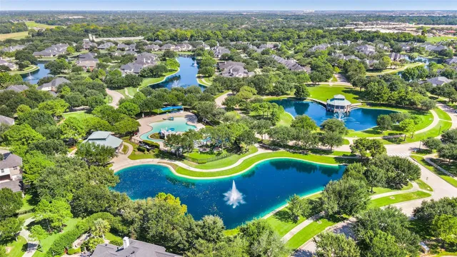 an aerial view of a swimming pool