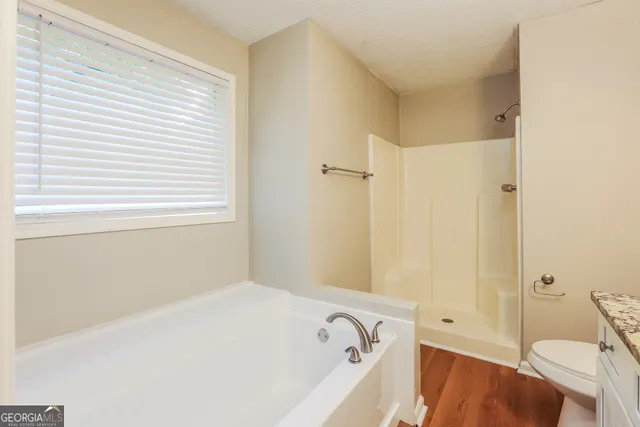 a bathroom with a bathtub and a toilet