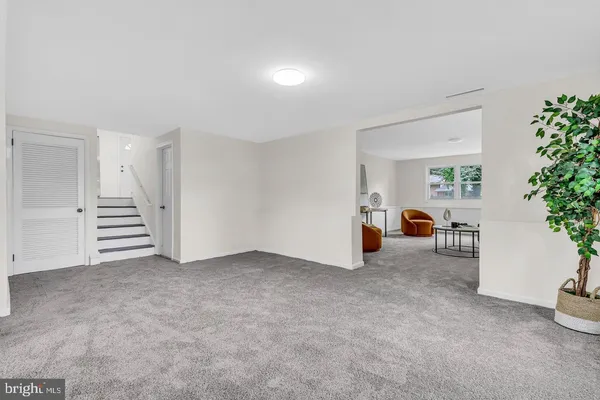an empty room with furniture and a potted plant