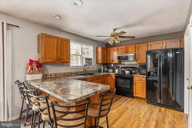 a view of a backyard with large trees and wooden fence