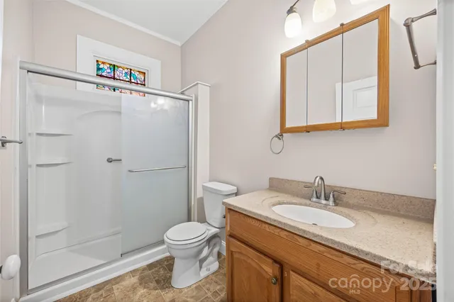 a bathroom with a granite countertop sink toilet and a shower