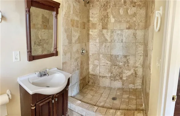 a bathroom with a sink shower and a mirror