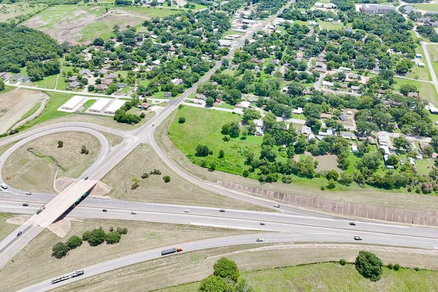 an aerial view of a swimming pool