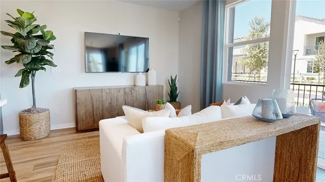 a living room with furniture and a potted plant