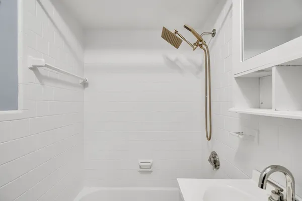 a bathroom with a shower and a bathtub