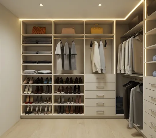 a view of walk in closet with clothes and shoes