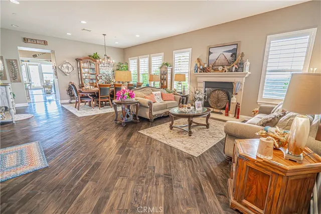 a view of a dining room and chandelier
