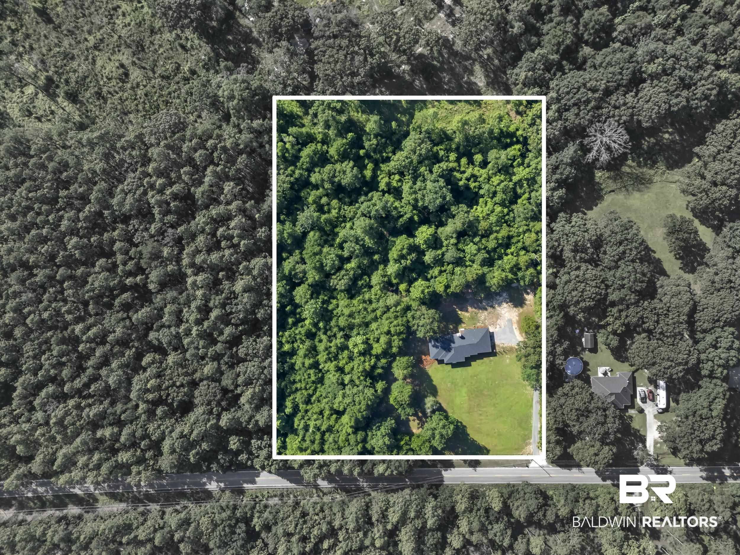 8170 Wilmer Georgetown Road Wilmer, AL 36587 - Photo 28 of 31 Expansive wooded parcel featuring a single-story residence with a dark roof and a surrounding cleared lawn area