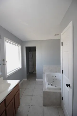a bathroom with a bathtub sink and mirror