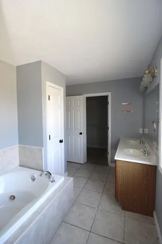 a bathroom with a tub a sink and a mirror