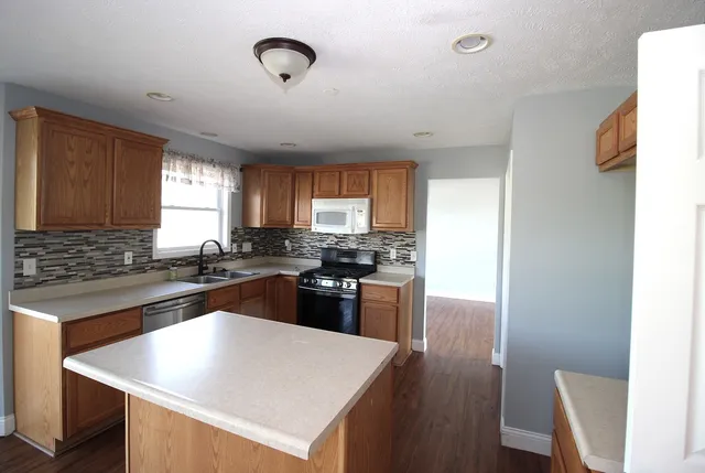 a kitchen with a stove a sink dishwasher and a refrigerator