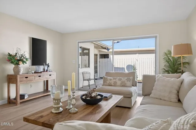a living room with furniture and a potted plant