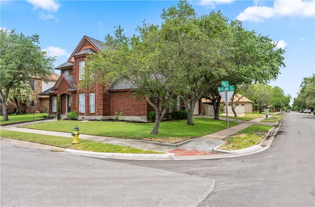a view of a park with large trees