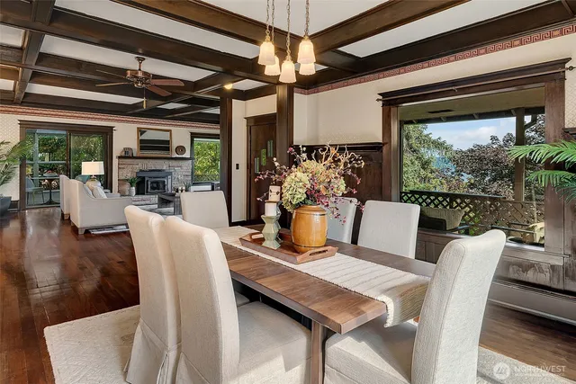 a view of a dining room with furniture window and outside view