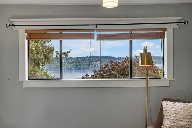 a view of a lake with houses in the back