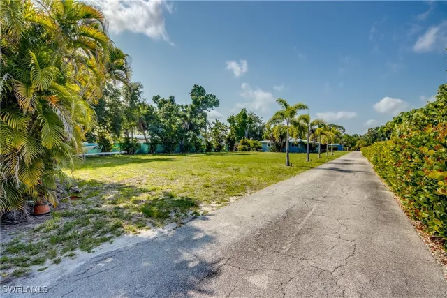 a view of a garden with a building in the background