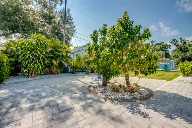 a view of a patio with table and chairs potted plants and palm tree