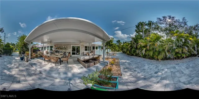 an outdoor space with seating area