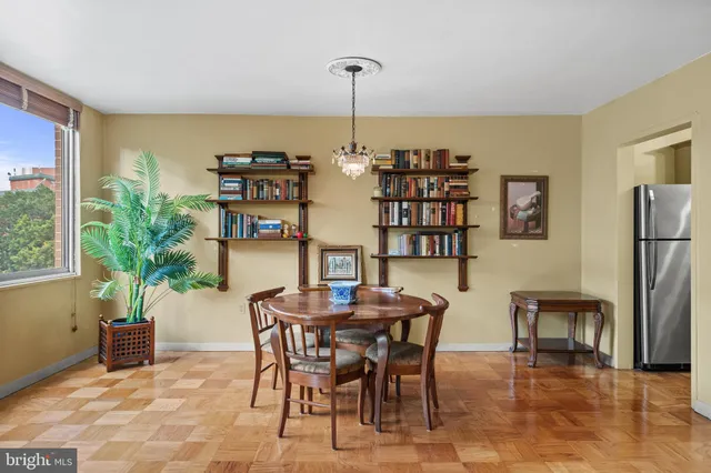 a view of a dining room with furniture