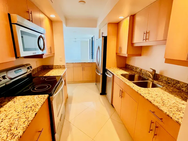 a kitchen with stainless steel appliances granite countertop a sink and a refrigerator