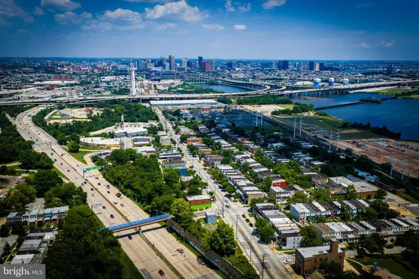 an aerial view of a building with outdoor space