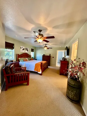a bedroom with furniture and a chandelier
